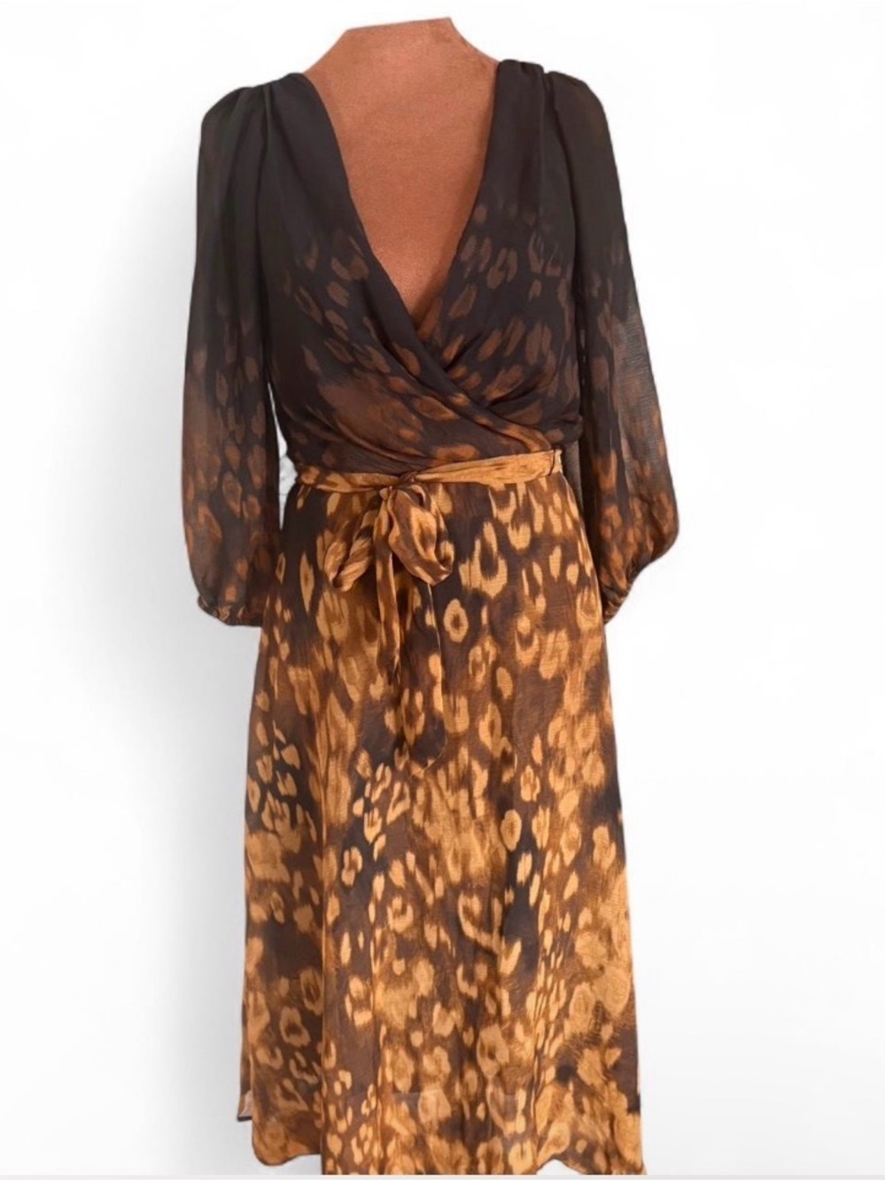 DKNY Brown Animal-Print Faux Wrap Dress with Tie Waist